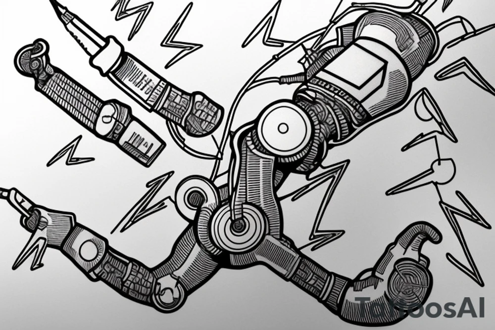 robotic arm holding a lightning bolt, representing the fields of automation and electrical engineering. The arm could have a circuit board pattern or a programming code snippet as its "skin," referencing programming and embedded systems. The lightning bolt could be made up of binary code tattoo idea