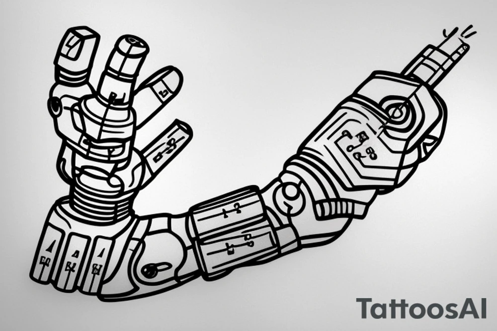 robotic arm holding a lightning bolt, representing the fields of automation and electrical engineering. The arm could have a circuit board pattern or a programming code snippet as its "skin," referencing programming and embedded systems. The lightning bolt could be made up of binary code tattoo idea