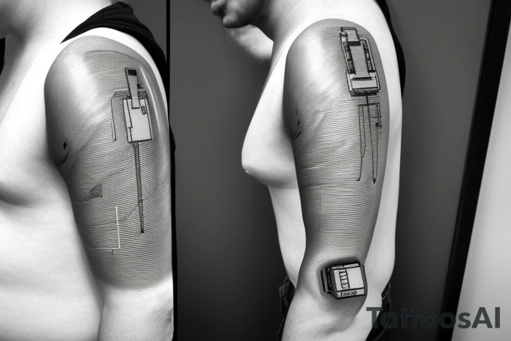 robotic arm holding a lightning bolt, representing the fields of automation and electrical engineering. The arm could have a circuit board pattern or a programming code snippet as its "skin," referencing programming and embedded systems. The lightning bolt could be made up of binary code tattoo idea