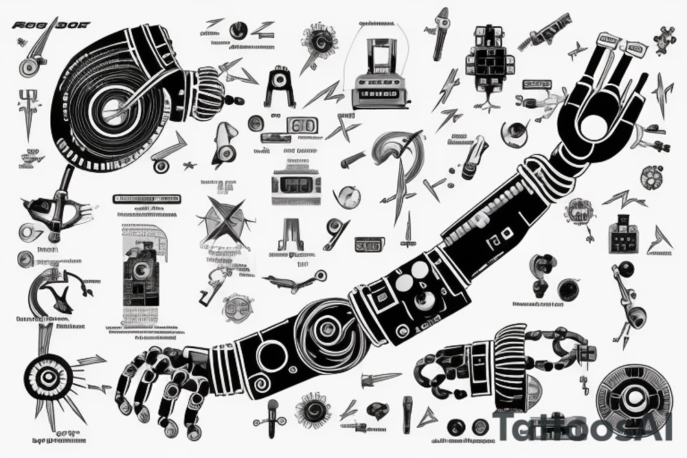 robotic arm holding a lightning bolt, representing the fields of automation and electrical engineering. The arm could have a circuit board pattern or a programming code snippet as its "skin," referencing programming and embedded systems. The lightning bolt could be made up of binary code tattoo idea