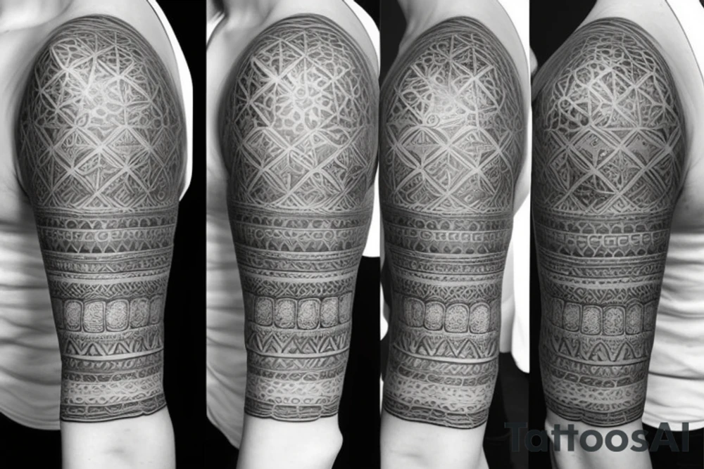 the tattoo should be on the right upper arm. the motif should be a female face that has an indigenous shamanic touch. the neck should be visible with the face. the face should be surrounded by geometric patterns in dotwork style with different shades. tattoo idea