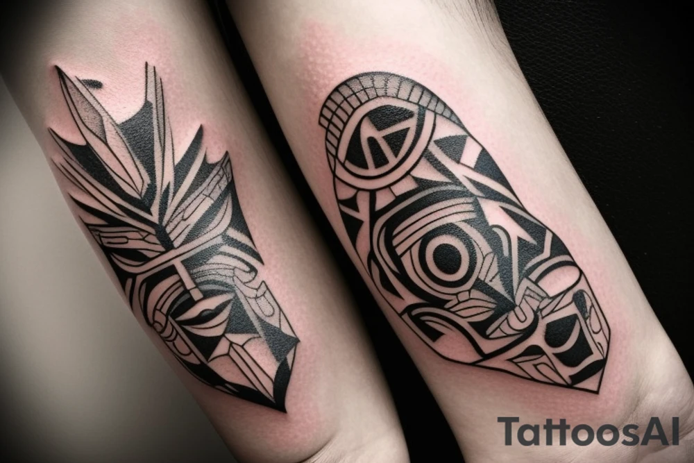 the tattoo should be on the right upper arm. the motif should be a female face that has an indigenous shamanic touch. the neck should be visible with the face. the face should be surrounded by geometric patterns in dotwork style with different shades. tattoo idea