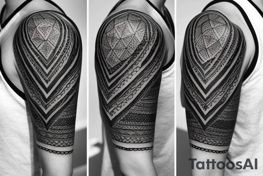 the tattoo should be on the right upper arm. the motif should be a female face that has an indigenous shamanic touch. the neck should be visible with the face. the face should be surrounded by geometric patterns in dotwork style with different shades. tattoo idea