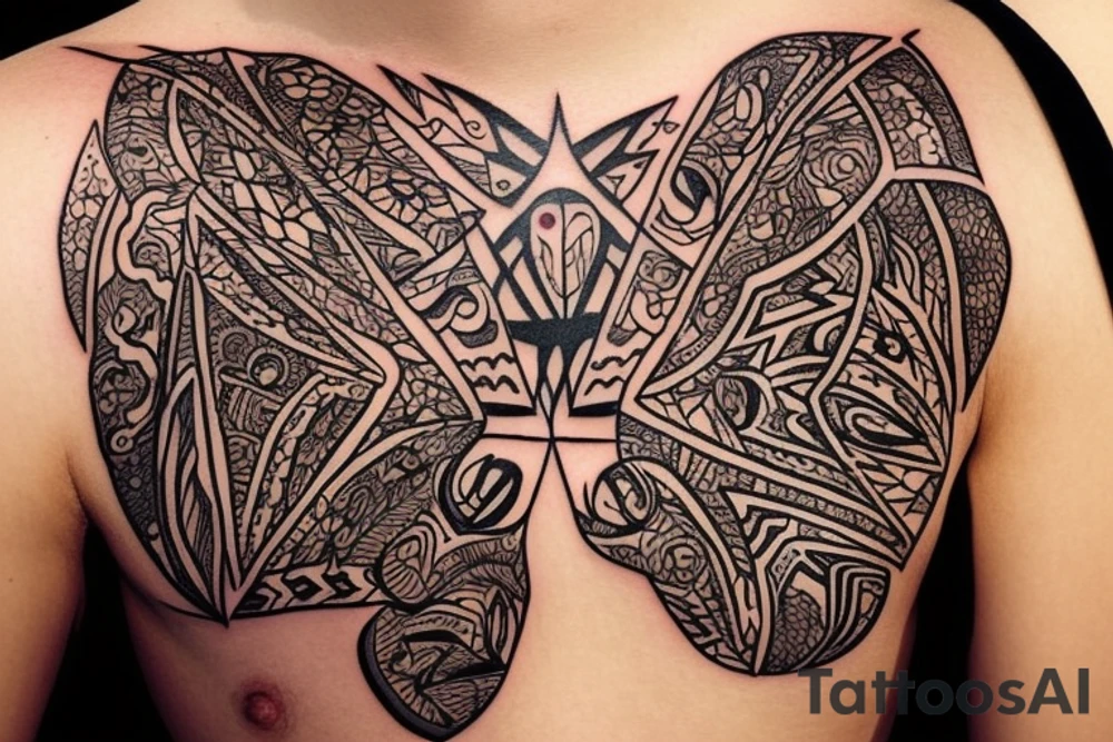 the tattoo should be on the right upper arm. the motif should be a female face that has an indigenous shamanic touch. the neck should be visible with the face. the face should be surrounded by geometric patterns in dotwork style with different shades. tattoo idea