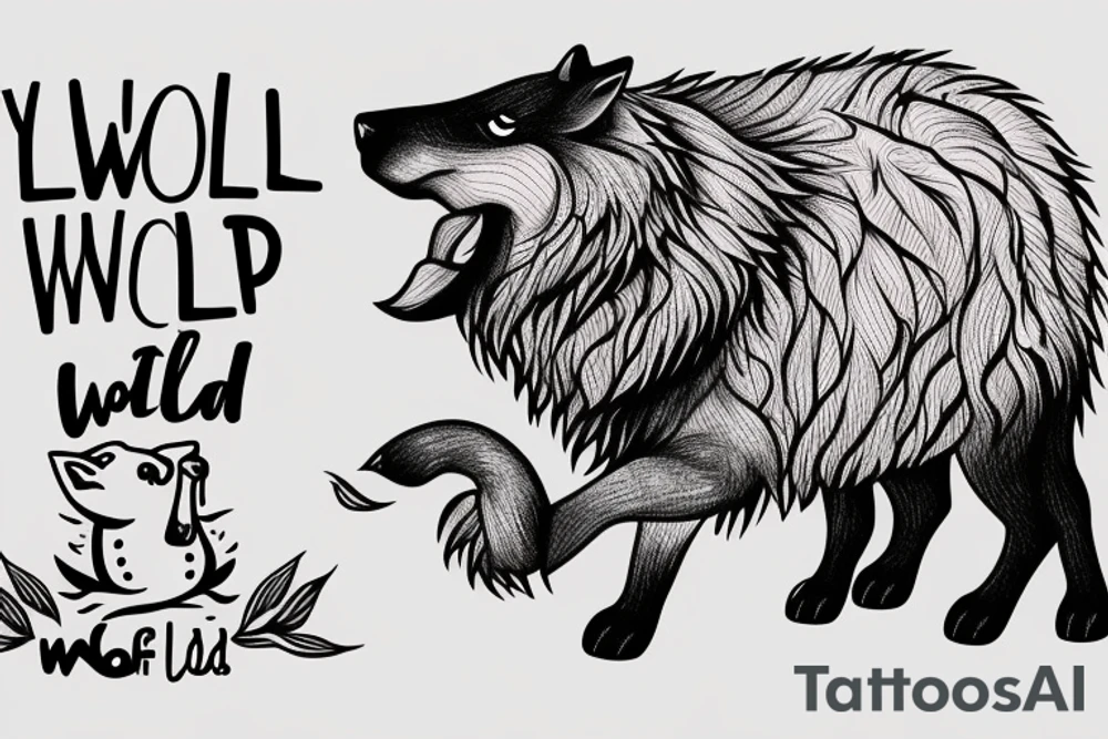 Wolf with sheep fur in mouth and text "Lonely is the wolf in a world of sheep" tattoo idea
