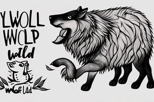 Wolf with sheep fur in mouth and text "Lonely is the wolf in a world of sheep" tattoo idea