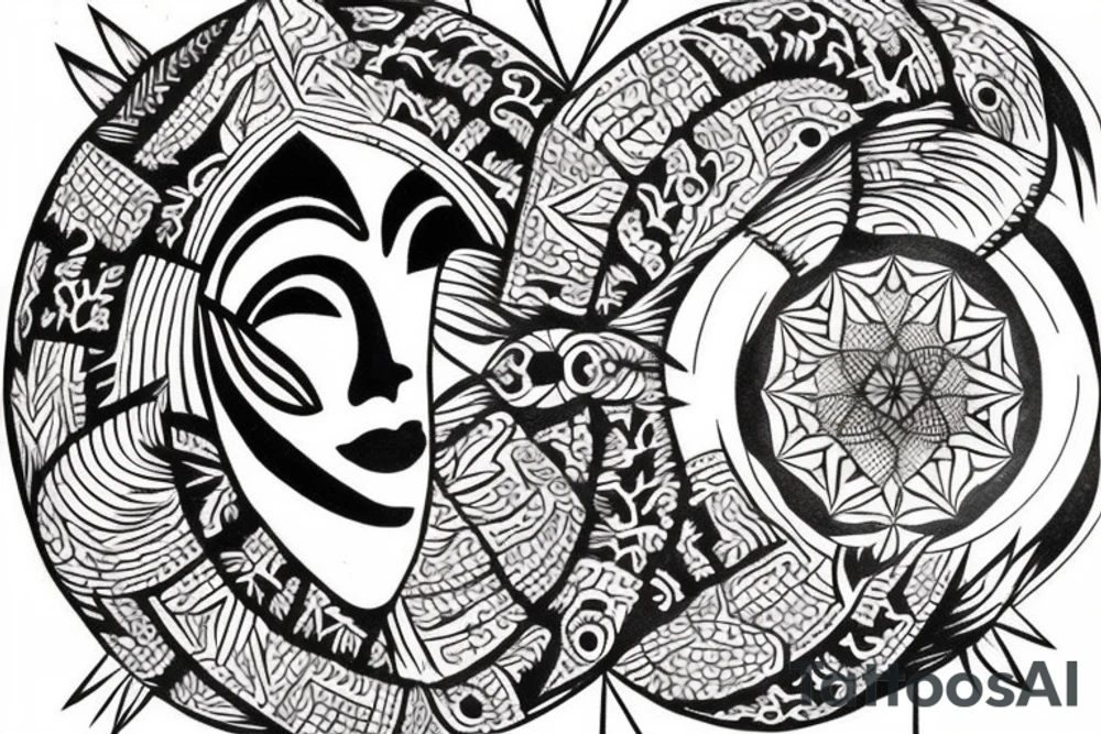 the tattoo should be on the right upper arm. the motif should be a female face that has an indigenous shamanic touch. the neck should be visible with the face. the face should be surrounded by geometric patterns in dotwork style with different shades. tattoo idea