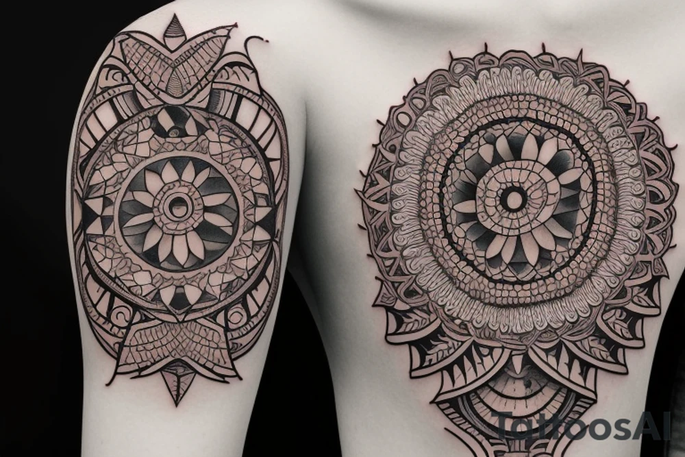 the tattoo should be on the right upper arm. the motif should be a female face that has an indigenous shamanic touch. the neck should be visible with the face. the face should be surrounded by geometric patterns in dotwork style with different shades. tattoo idea