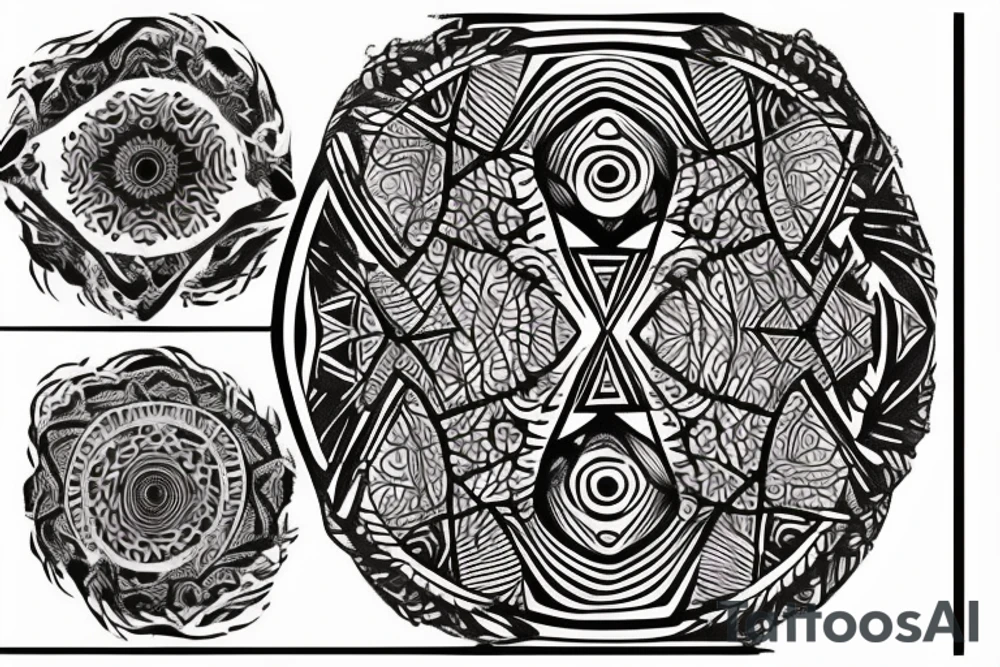the tattoo should be on the right upper arm. the motif should be a female face that has an indigenous shamanic touch. the neck should be visible with the face. the face should be surrounded by geometric patterns in dotwork style with different shades. tattoo idea