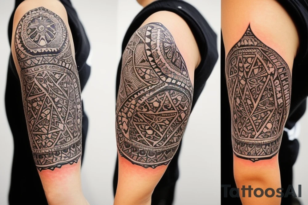 the tattoo should be on the right upper arm. the motif should be a female face that has an indigenous shamanic touch. the neck should be visible with the face. the face should be surrounded by geometric patterns in dotwork style with different shades. tattoo idea