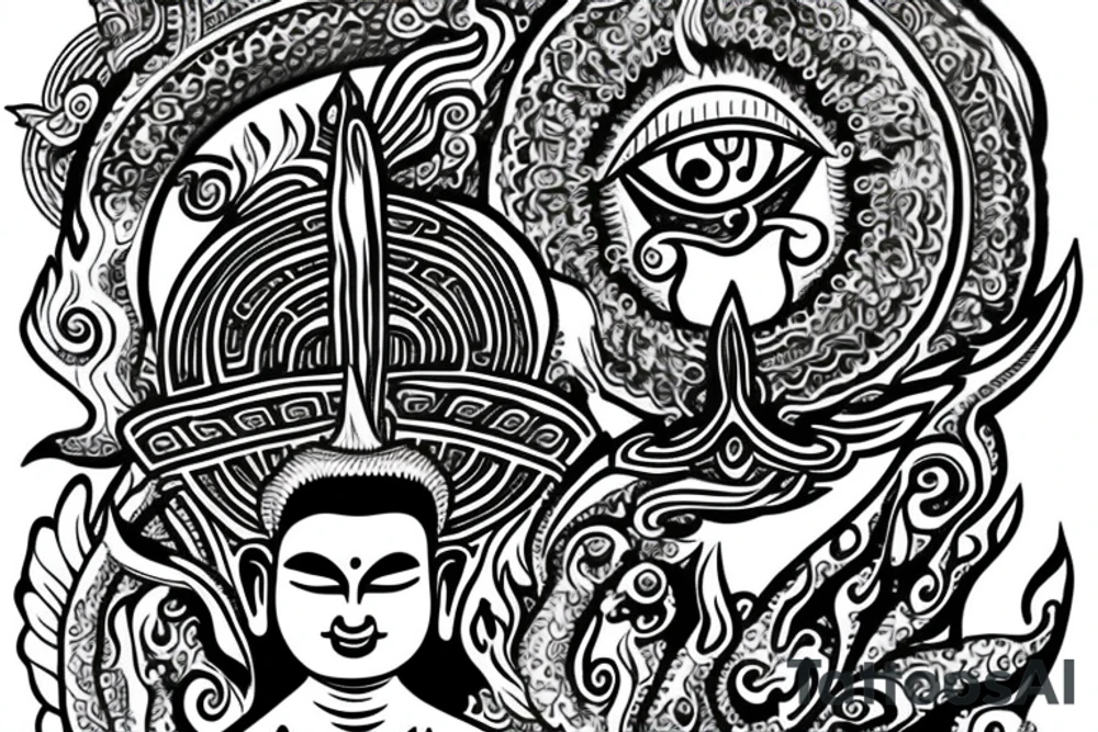 buddha with flames and eye on lotus tattoo idea