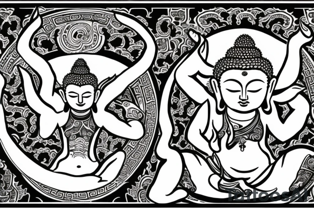 buddha with six arms surrounded by flames on lotus tattoo idea