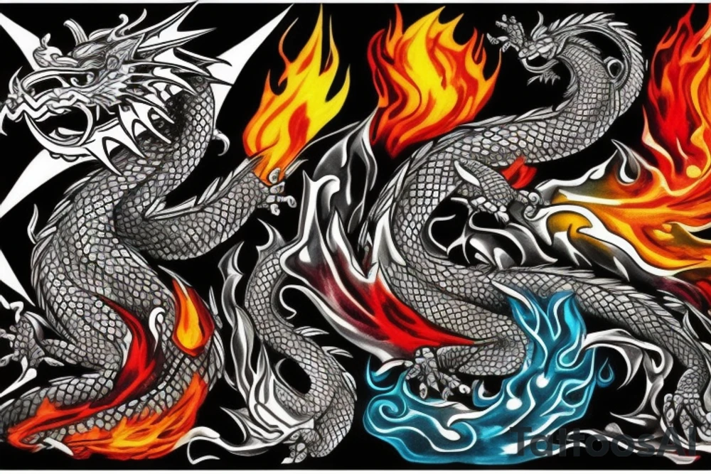 Fire and water. Dragon. Many colors. tattoo idea