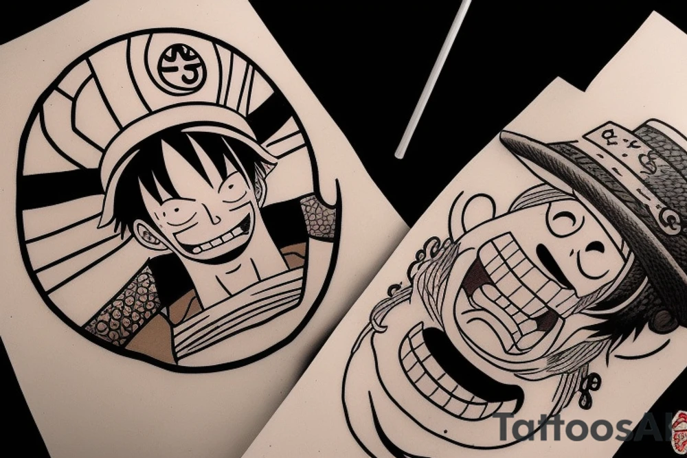 The tattoo design should be inspired by the One Piece characters, Oden and Luffy. It should be symbolic and not feature any specific characters. The design should incorporate elements that represent Oden, such as the symbol of his family crest or his iconic two-sword fighting style, and elements that represent Luffy, such as his straw hat or his signature attack, the Gomu Gomu no Pistol. The design should also incorporate waves or ocean imagery to represent the pirate theme of One Piece. Overall, the design should be bold, dynamic, and visually striking. tattoo idea