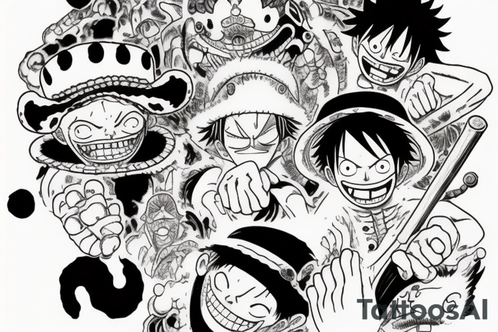 The tattoo design should be inspired by the One Piece characters, Oden and Luffy. It should be symbolic and not feature any specific characters. The design should incorporate elements that represent Oden, such as the symbol of his family crest or his iconic two-sword fighting style, and elements that represent Luffy, such as his straw hat or his signature attack, the Gomu Gomu no Pistol. The design should also incorporate waves or ocean imagery to represent the pirate theme of One Piece. Overall, the design should be bold, dynamic, and visually striking. tattoo idea