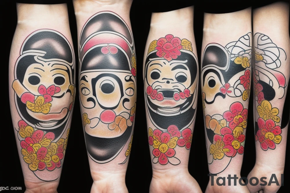 Japanese Daruma in color with coins and flowers, neo tradi style. tattoo idea