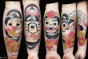 Japanese Daruma in color with coins and flowers, neo tradi style. tattoo idea