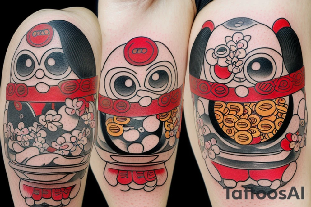 Japanese Daruma in color with coins and flowers, neo tradi style. tattoo idea