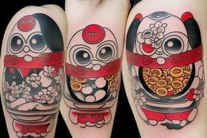 Japanese Daruma in color with coins and flowers, neo tradi style. tattoo idea