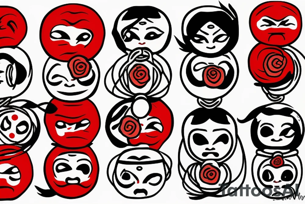 Red Japanese Daruma in color with rope, coins and flowers tattoo idea