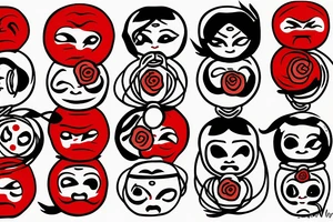 Red Japanese Daruma in color with rope, coins and flowers tattoo idea
