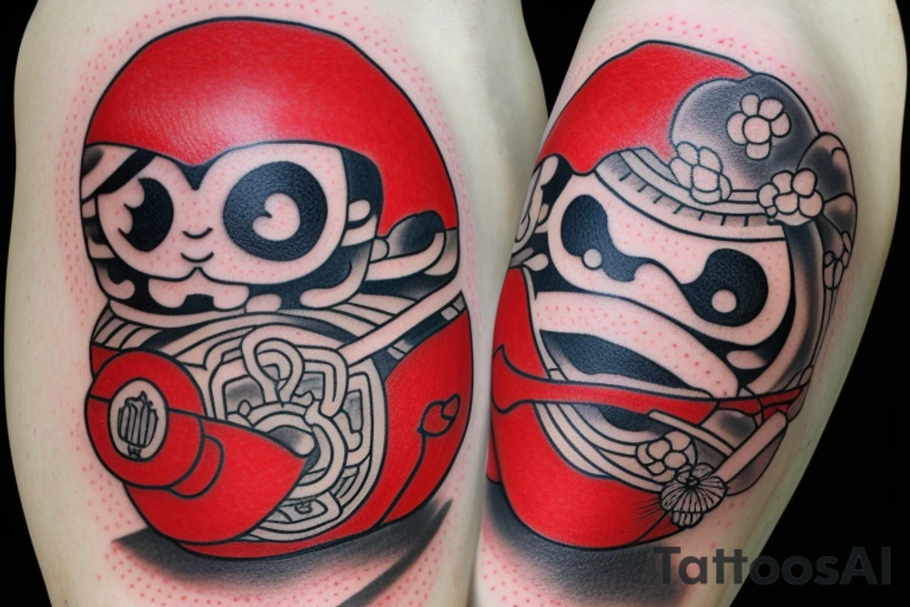 Red Japanese Daruma in color with rope, coins and flowers tattoo idea