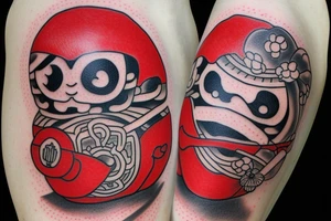 Red Japanese Daruma in color with rope, coins and flowers tattoo idea