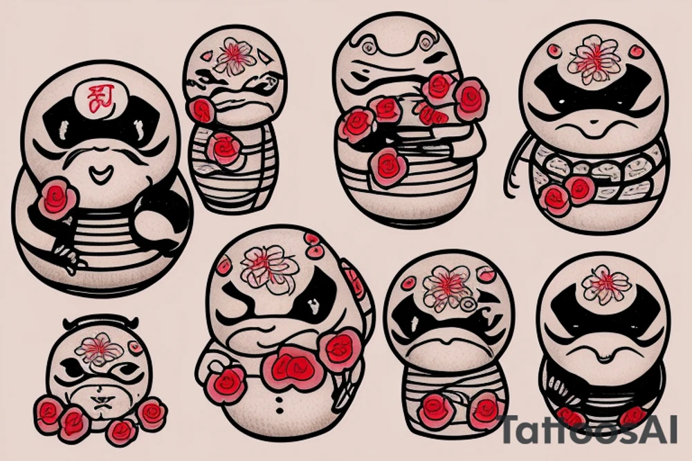 Daruma in color with rope and flowers tattoo idea