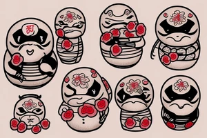 Daruma in color with rope and flowers tattoo idea