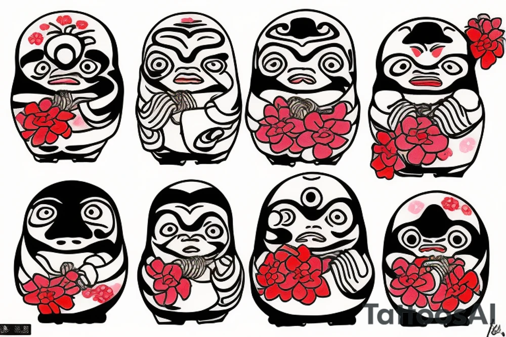 Daruma in color with rope and flowers tattoo idea