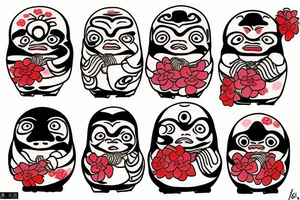 Daruma in color with rope and flowers tattoo idea