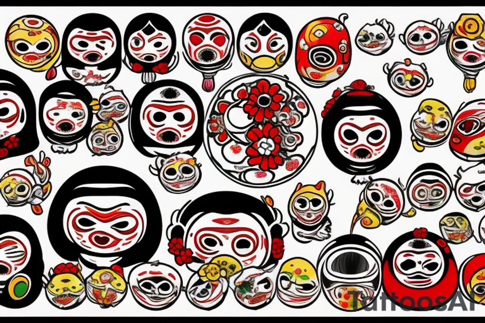 Neo Tradi Daruma in full color with flowers tattoo idea