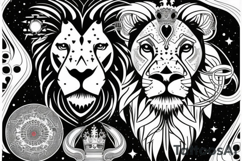 Futuristic lion in space with crown tattoo idea