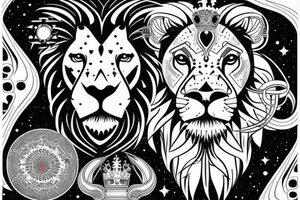 Futuristic lion in space with crown tattoo idea