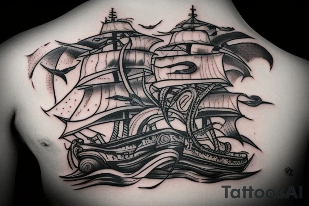 Kraken absorbing the ship and above the ship flying the seagulls and somewhere above the ship pair of kings cards tattoo idea