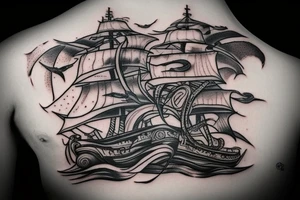 Kraken absorbing the ship and above the ship flying the seagulls and somewhere above the ship pair of kings cards tattoo idea
