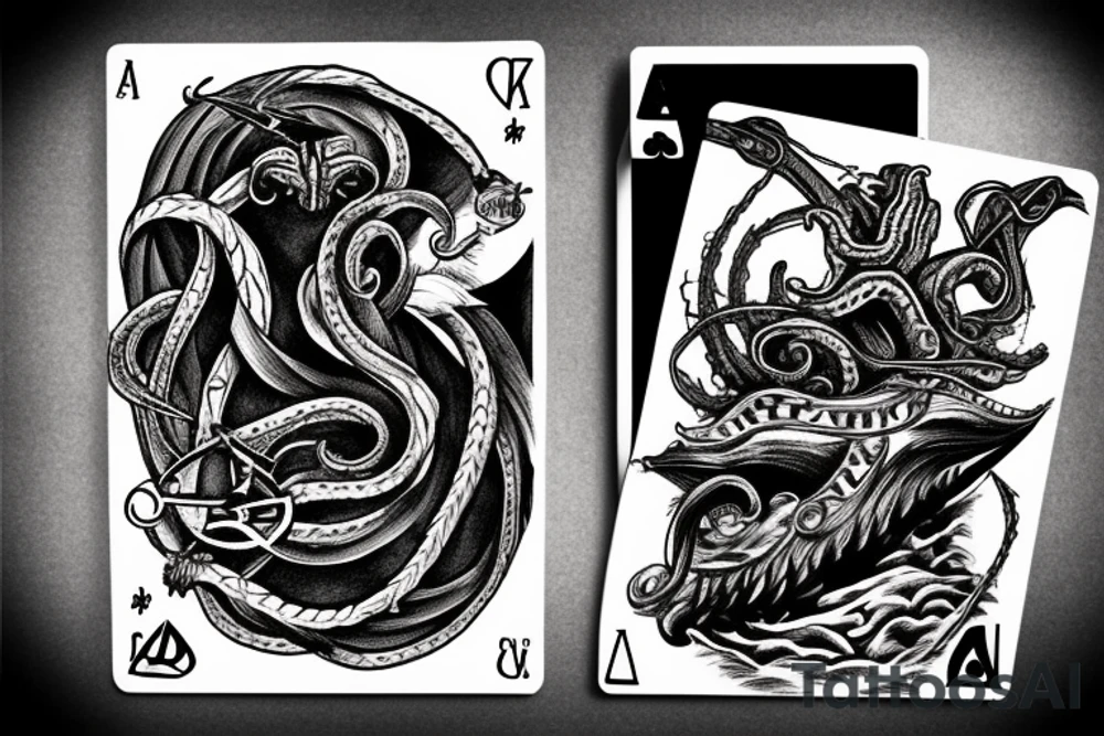 Kraken absorbing the ship and above the ship flying the seagulls and somewhere above the ship pair of kings cards tattoo idea