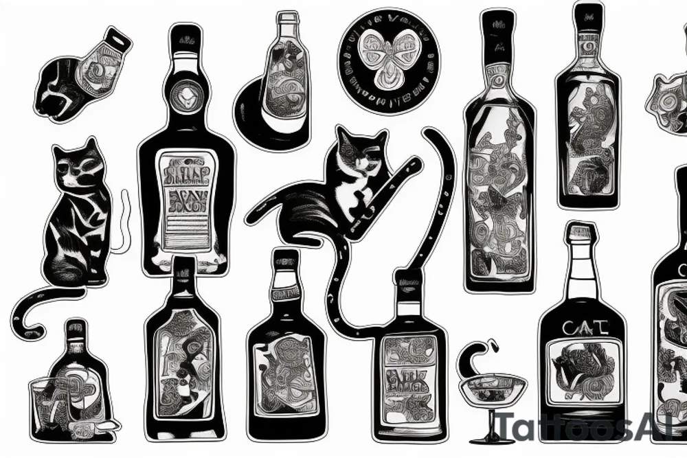 Cat with a whiskey bottle tattoo idea