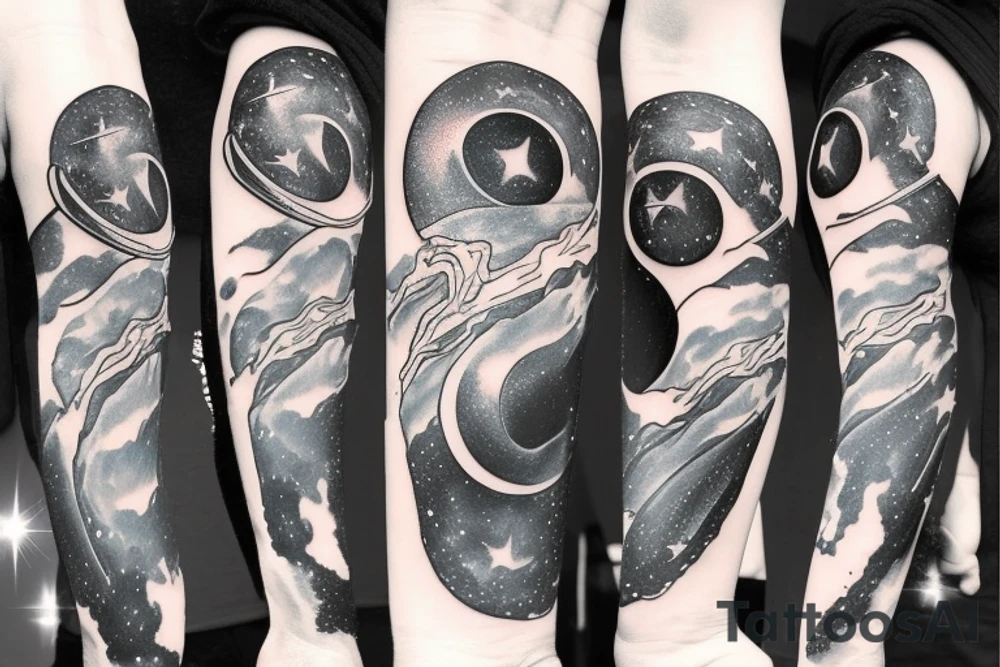 A cosmic astronaut finally escaping a black hole. As he escapes he is torn and becomes one with the universe tattoo idea
