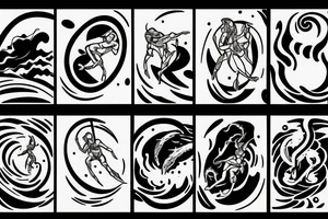 A humanoid cosmic entity surfing on the waves of the universe outrunning their problems tattoo idea