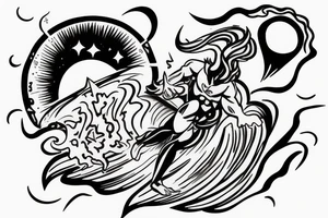 A humanoid cosmic entity surfing on the waves of the universe outrunning their problems tattoo idea
