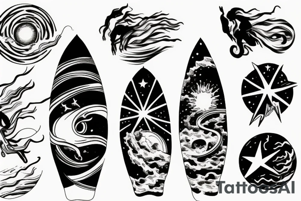 A humanoid cosmic entity surfing on the waves of the universe tattoo idea