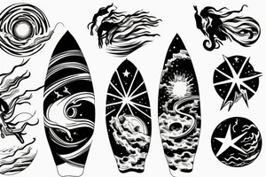 A humanoid cosmic entity surfing on the waves of the universe tattoo idea