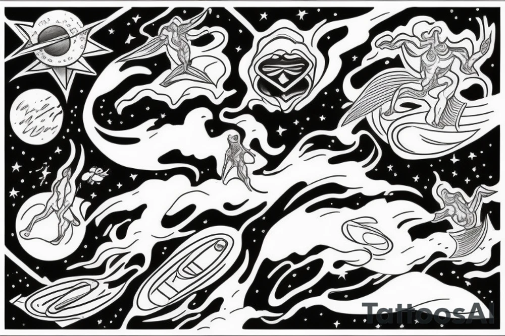 A humanoid cosmic entity surfing on the waves of the universe tattoo idea