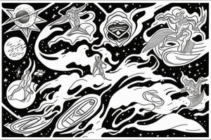 A humanoid cosmic entity surfing on the waves of the universe tattoo idea