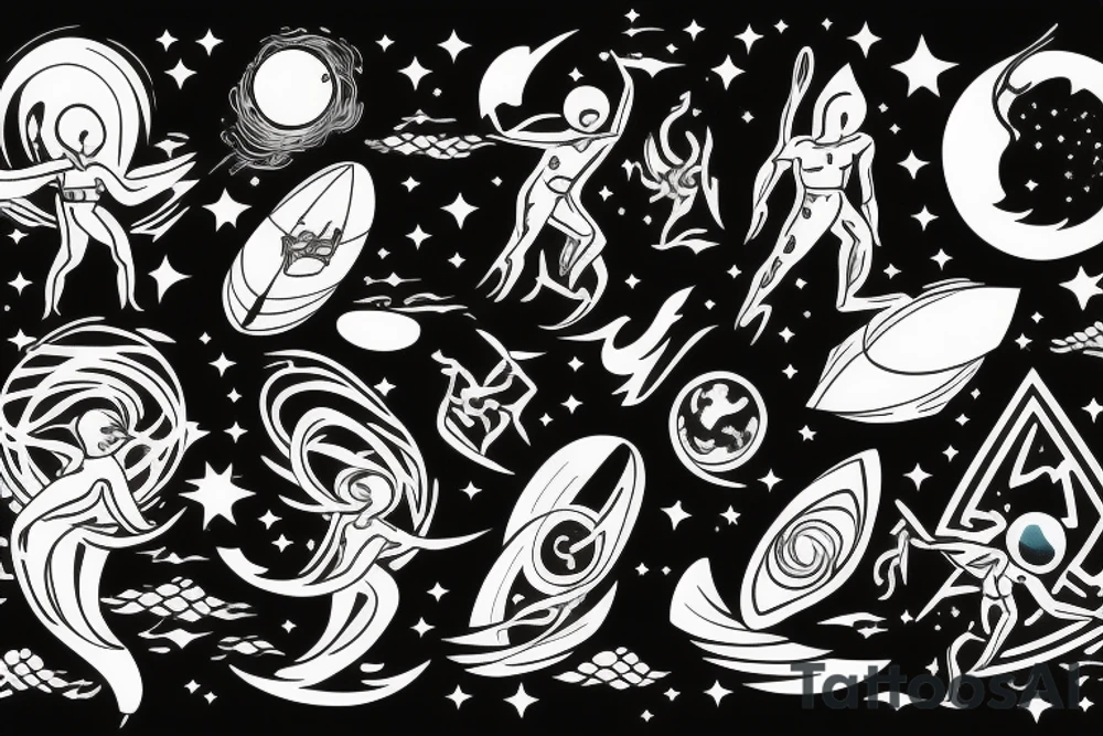 A humanoid cosmic entity surfing on the waves of the universe
They are vibing with the disco tattoo idea