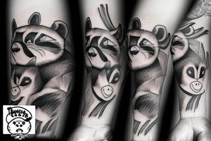 angry raccoon holding brushes at his hand tattoo idea