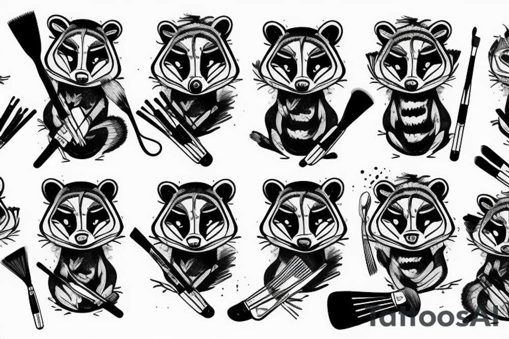 angry raccoon holding brushes at his hand tattoo idea