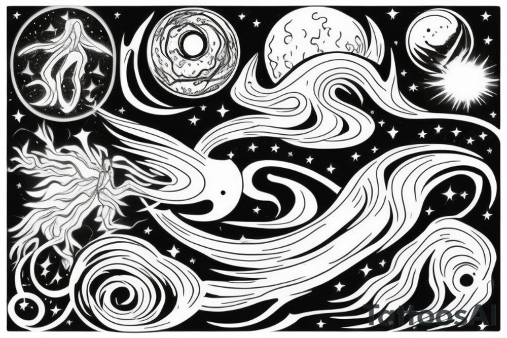 A cosmic entity riding the disco waves of the universe attempting to get away from heat death of universe tattoo idea A cosmic entity riding the disco waves of the universe attempting to get away from heat death of universe tattoo idea