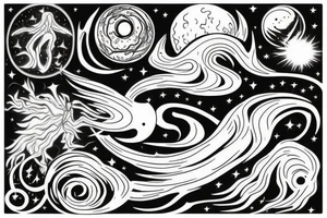 A cosmic entity riding the disco waves of the universe attempting to get away from heat death of universe tattoo idea